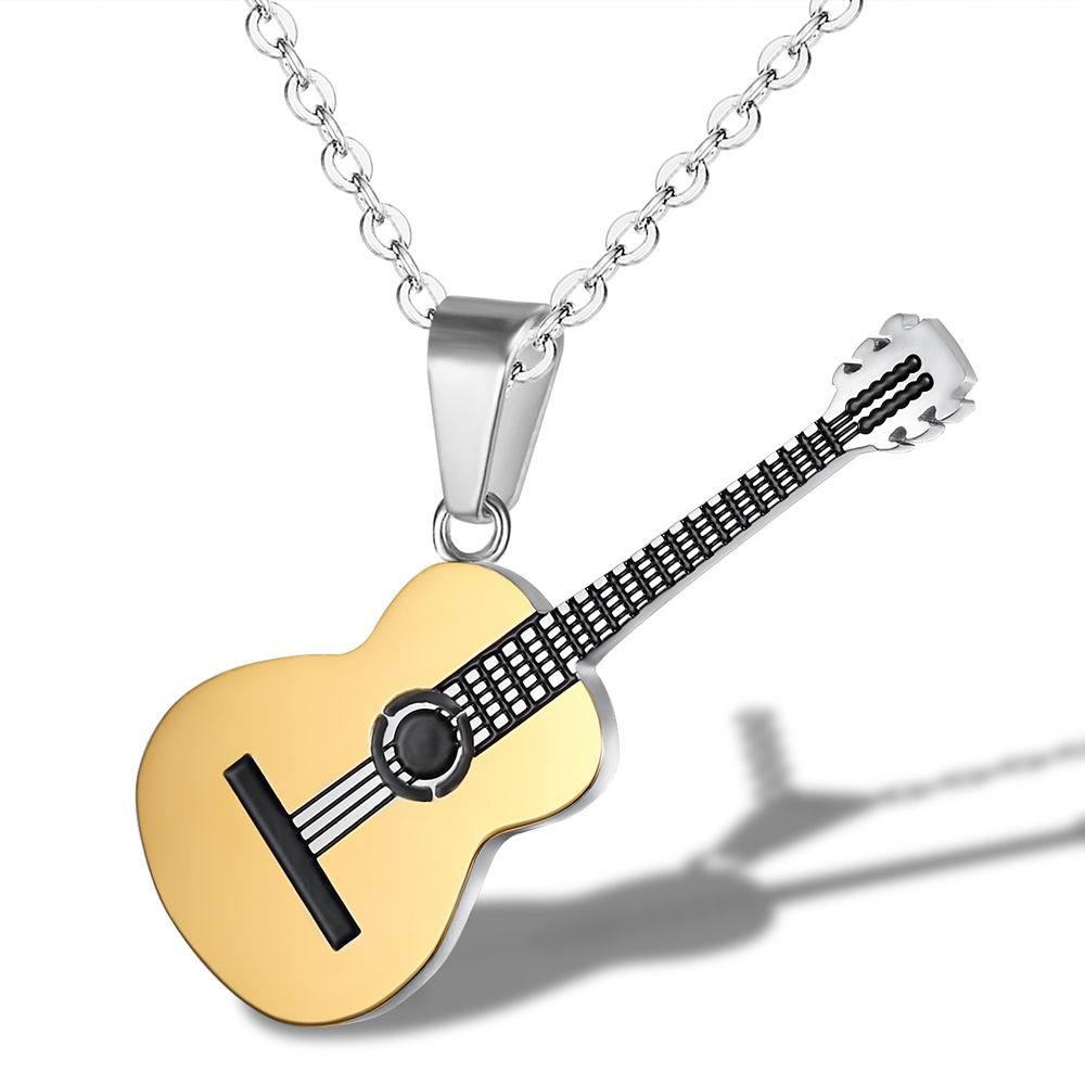 HIP Rock Two Tone Gold Color Titanium Stainless Steel Music Guitar Pendant Necklace for Men Jewelry